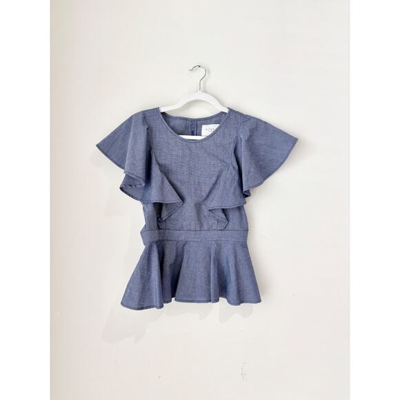 Azulu Chambray Cotton Ruffle Flutter Sleeve Peplum Blouse Blue Women's Size XS - Picture 1 of 4
